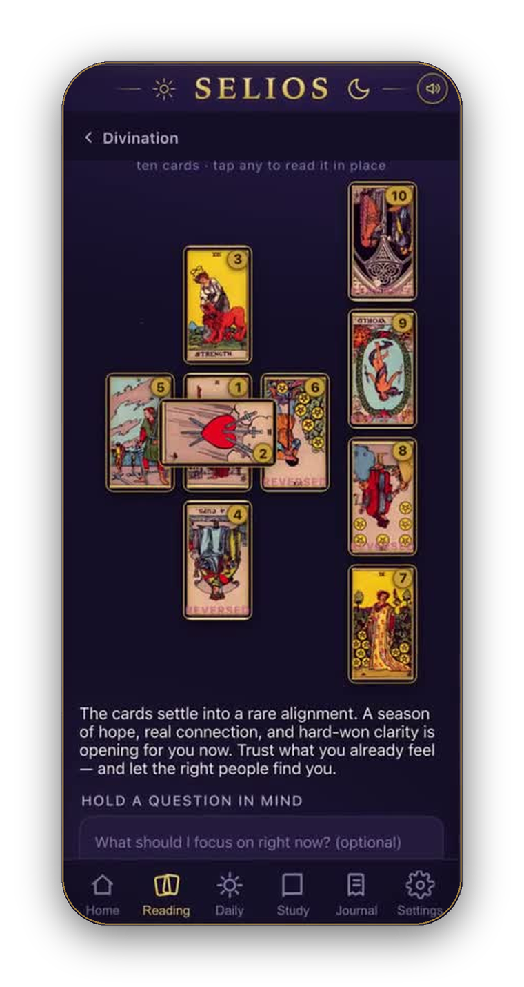 A ten-card Celtic Cross tarot spread in Selios on a hand-illustrated deck, with a written interpretation.